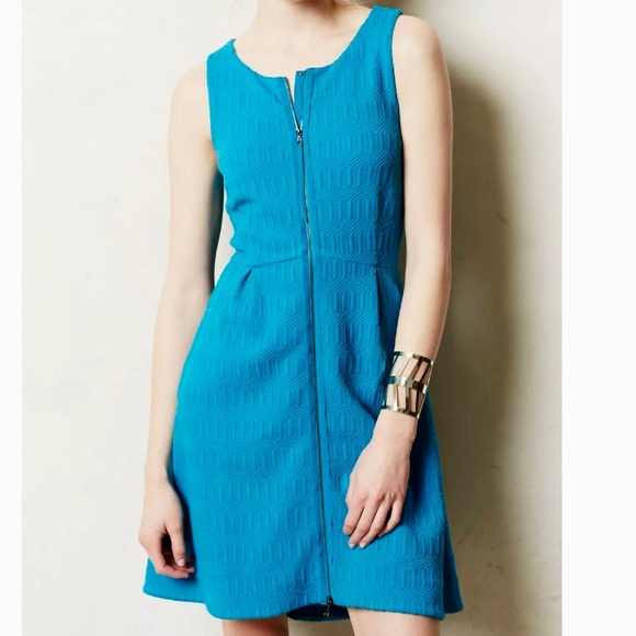 Anthropologie Dresses & Skirts - Anthropologie Zippered Jacquard Turquoise Fit & Flare Sleeveless Summer Dress